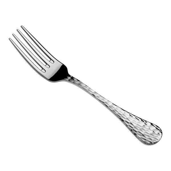 A metal fork with a textured handle and four tines, shown on a white background.