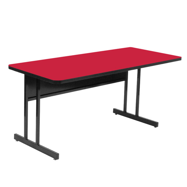 A red rectangular table with black legs.