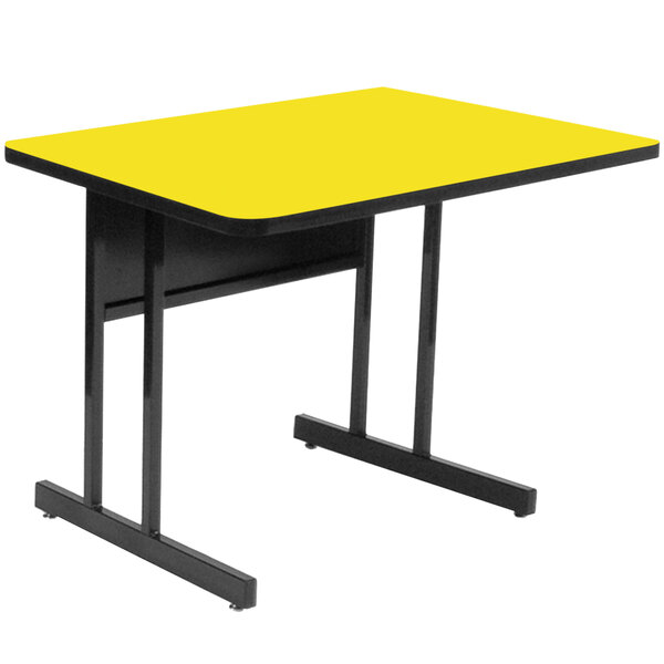 A yellow rectangular table with black legs.