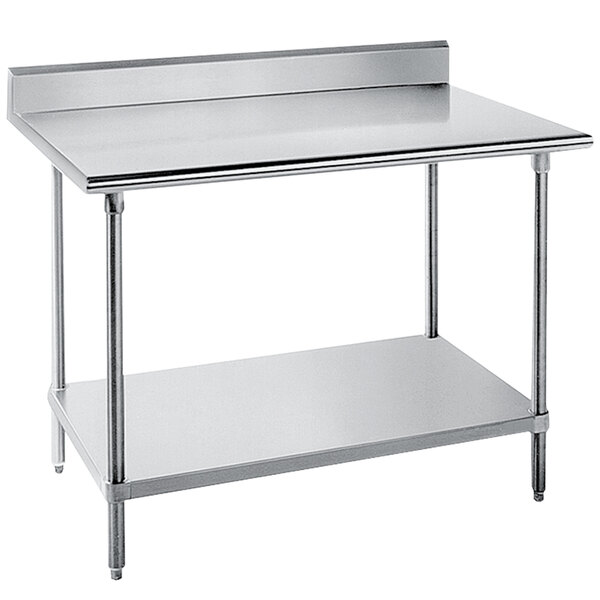 A stainless steel Advance Tabco work table with undershelf.