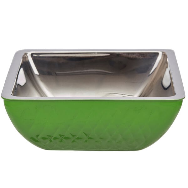 A lime green Bon Chef square bowl with a silver rim.