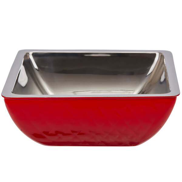 A red and silver Bon Chef Diamond Collection cold wave square bowl.