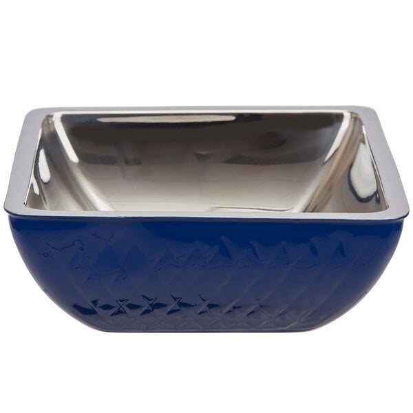 A Bon Chef cobalt blue square bowl with a metal rim.