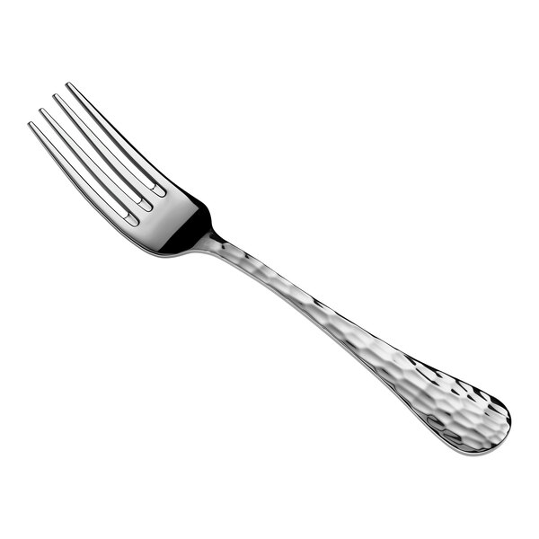 A metal fork with a textured handle and four tines, shown on a white background.