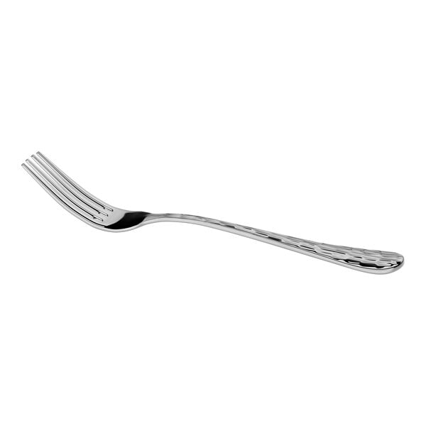 A shiny metal fork with a textured handle and four tines, shown on a white background.