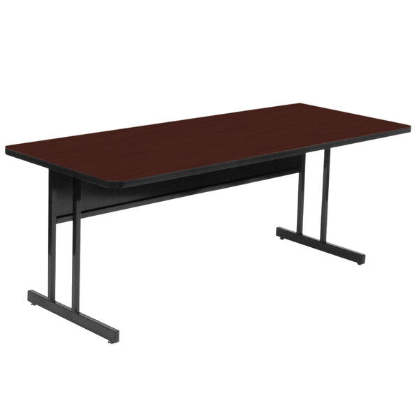 A brown rectangular table with black base.