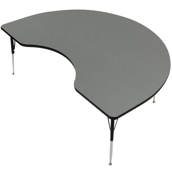 A grey table with a curved top and two legs.