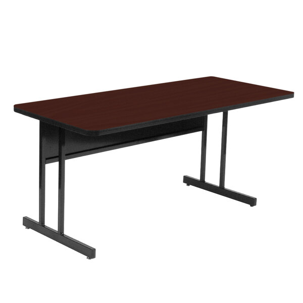 A brown rectangular table with black metal legs.