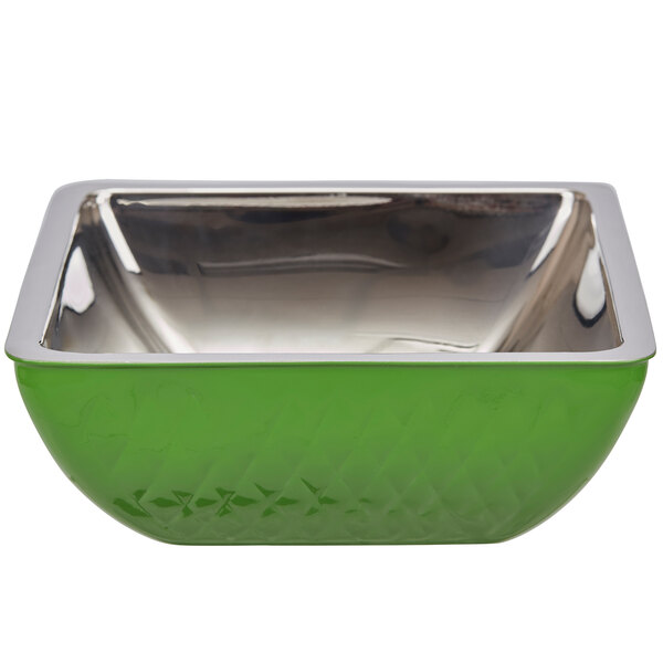 A lime green Bon Chef square bowl with a silver rim.