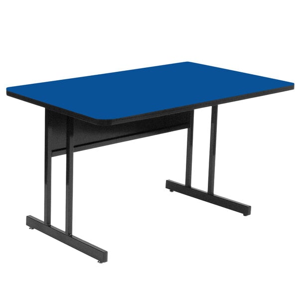 A blue rectangular table with black legs.