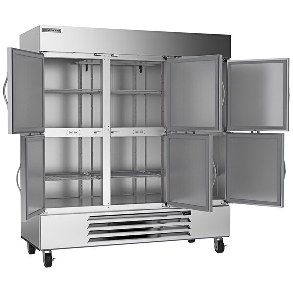 A Beverage-Air Horizon Series reach-in refrigerator with open half-doors.