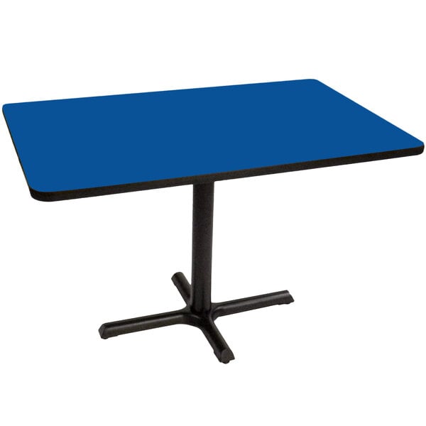 a blue rectangular table with a black base