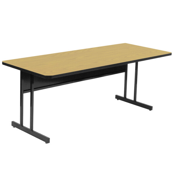 A Correll rectangular training table with a black frame and Fusion Maple finish top.