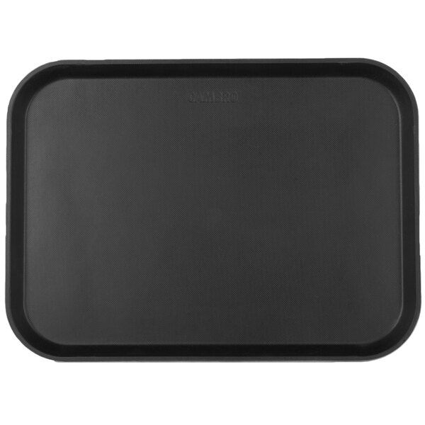 A black tray with a logo on it.