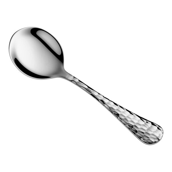 A shiny metal spoon with a hammered texture on the handle, shown against a white background.