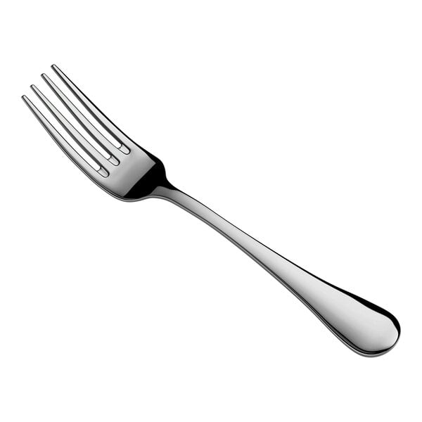 A shiny metal fork with four tines and a smooth, slightly curved handle is shown against a white background.