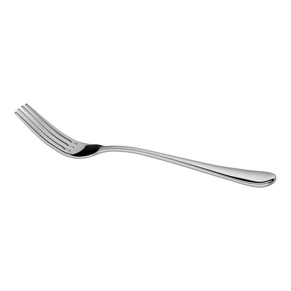 A shiny, stainless steel fork with four tines and a slightly curved handle, shown on a white background.