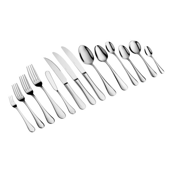 A set of various stainless steel cutlery pieces, including forks, knives, and spoons, arranged in a row on a white background.