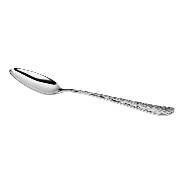 A shiny metal spoon with an oval bowl and a textured handle, shown on a white background.