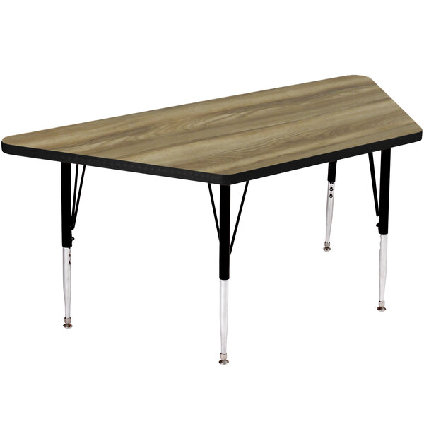 A trapezoid table with black legs and a wooden surface.