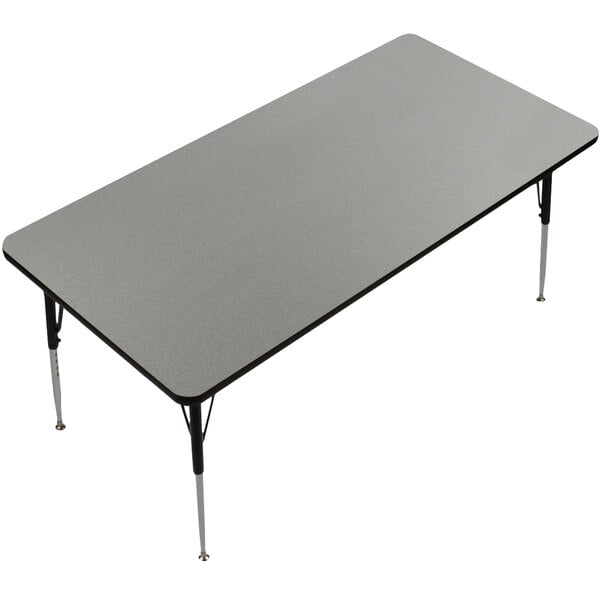 A rectangular Correll activity table with Montana Granite finish and adjustable height legs.