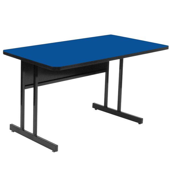 A blue rectangular table with black legs.