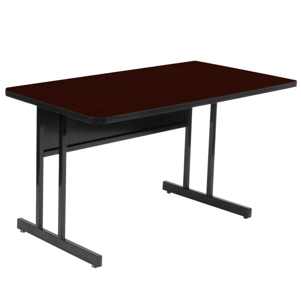 A black rectangular table with a mahogany top and black legs.