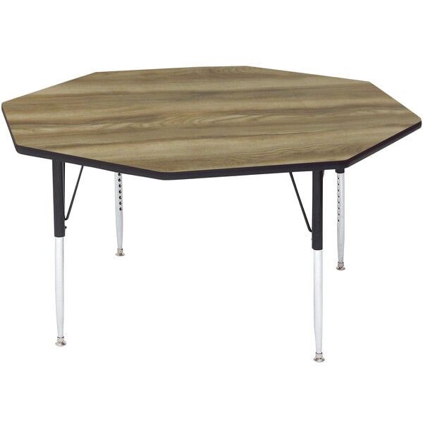 A Correll octagon table with a wooden top and adjustable metal legs.