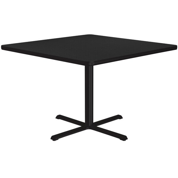 A black Correll square table with a metal base.