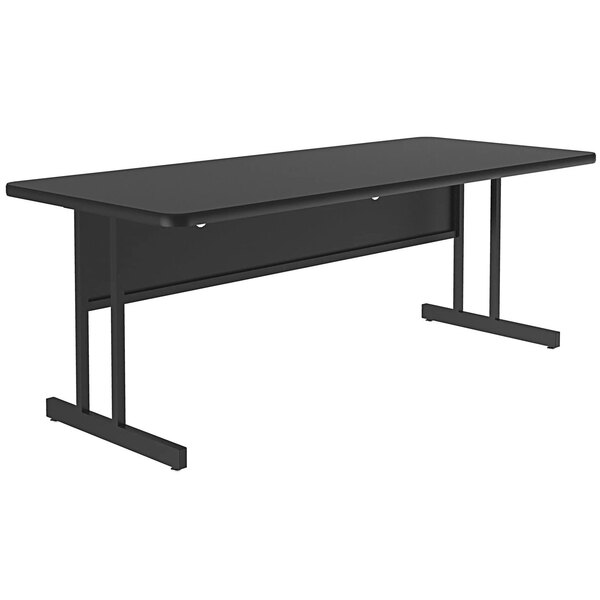 A black rectangular Correll computer table with black legs and a black granite top.