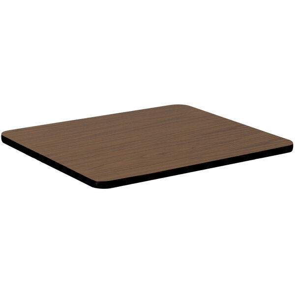 A square wooden table top with a walnut finish.