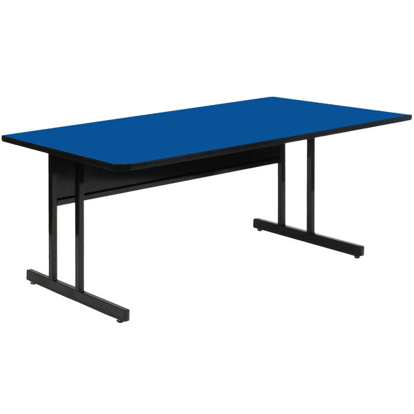 A blue rectangular table with black legs.