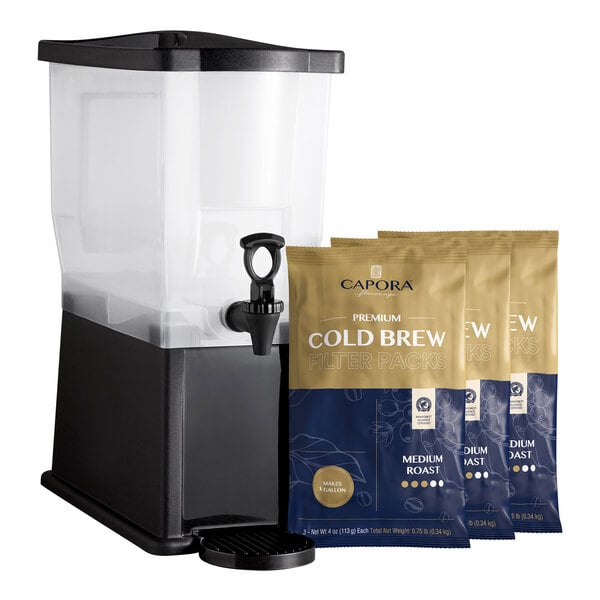 A cold brew dispenser with a spigot is shown next to three packets labeled 'Capora Premium Cold Brew Filter Packs, Medium Roast.'