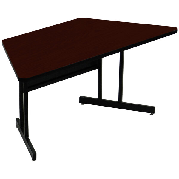 A brown rectangular table with a black base.