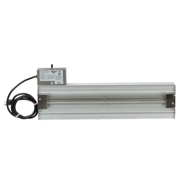A metal rectangular Vollrath strip warmer with a black cord.