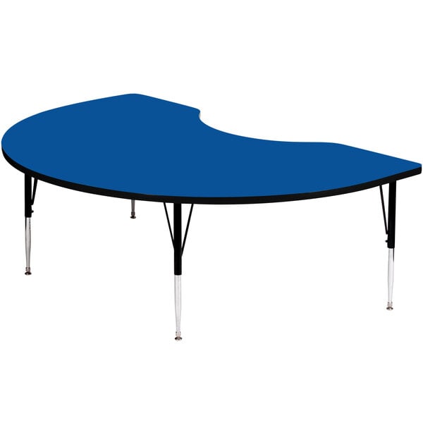 A blue table with a curved surface and black adjustable legs.