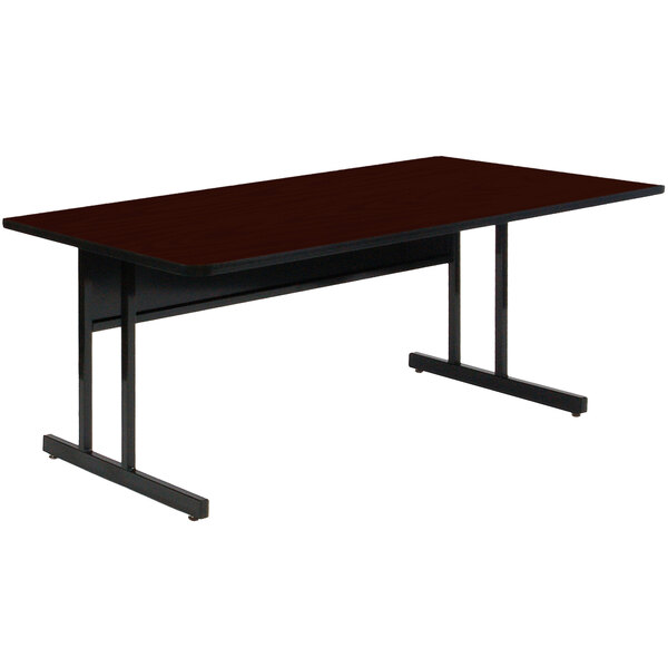 A brown rectangular Correll computer table with black legs.