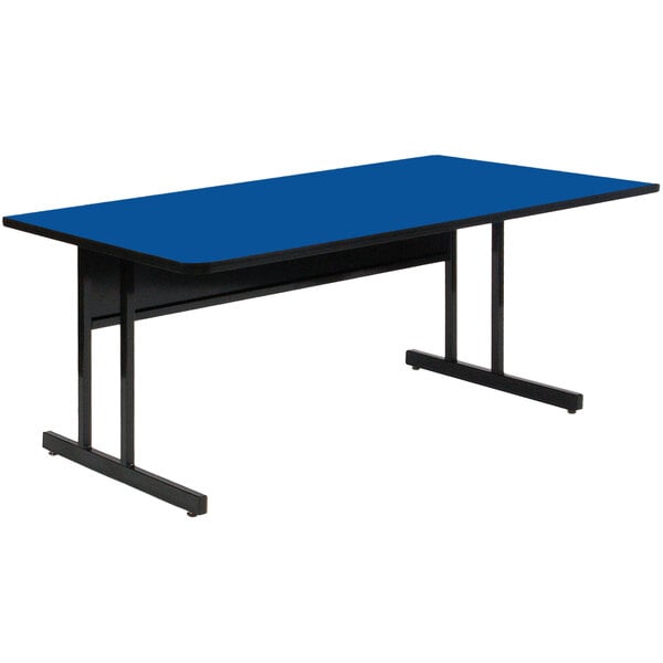 A blue rectangular table with black legs.