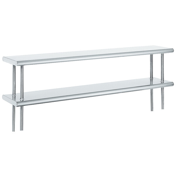 An Advance Tabco stainless steel table mounted double deck shelving unit.