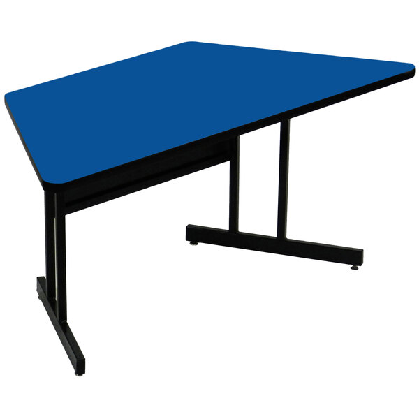 A blue rectangular Correll computer table with black legs.