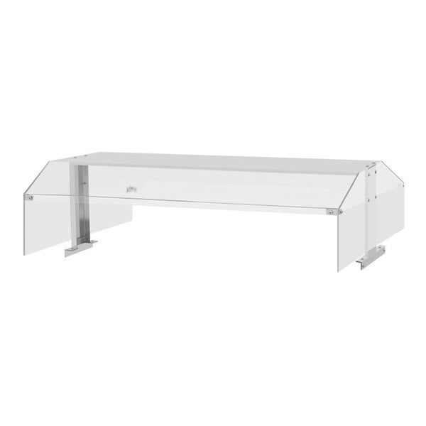 A transparent, rectangular sneeze guard with angled side panels and metal supports.