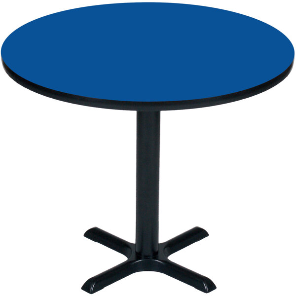 A blue Correll bar height table with a black base.