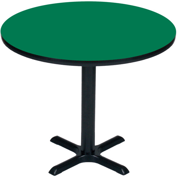 A Correll green bar height table with a black base.