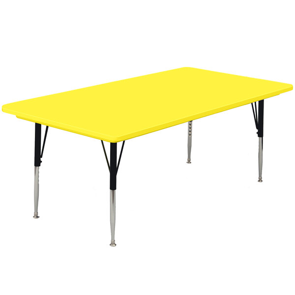 A yellow rectangular Correll activity table with black legs.