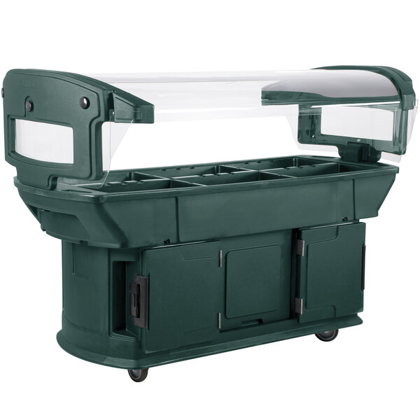 A green food container with a clear top.