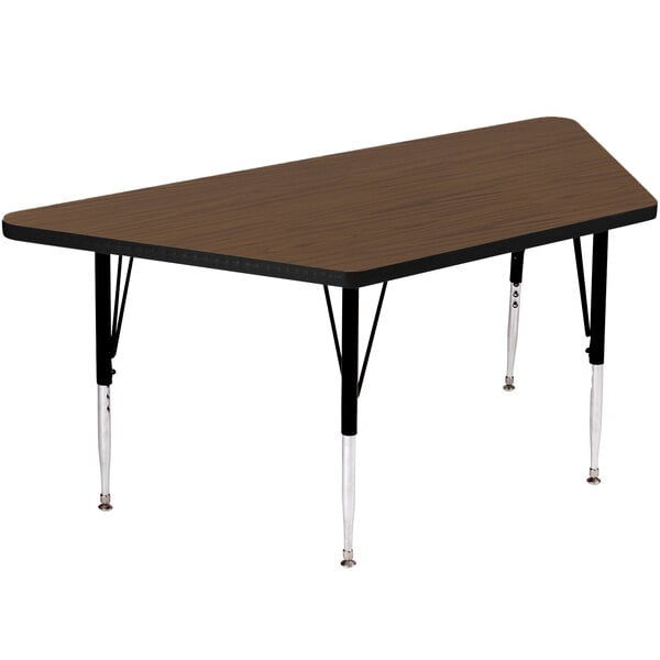 A brown rectangular Correll activity table with black legs.