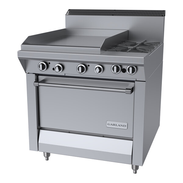 A commercial stainless steel range with two burners, a 23-inch griddle, and a standard oven.