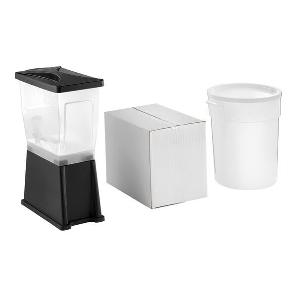 A cold brew system set including a black and clear dispenser, a white bucket with lid, and a white box.