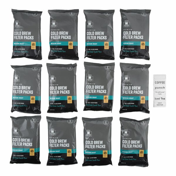 A set of Crown Beverages cold brew filter packs and a beverage dispenser label kit.