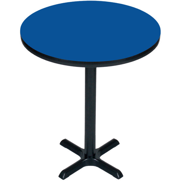 A Correll blue round bar height table with a black base.